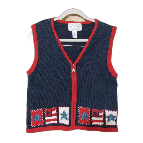 Portraits by Northern Isles Jackets & Blazers - Portraits by Northern Isles vest Women Medium blue red white zip front Patriotic